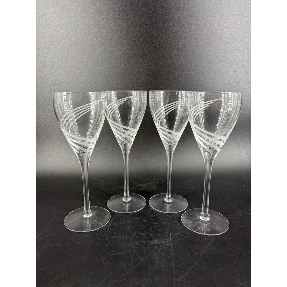 Set of 4 LENOX Windswept Clear Crystal 7 7/8” Frost Etched Swirl Wine Glasses